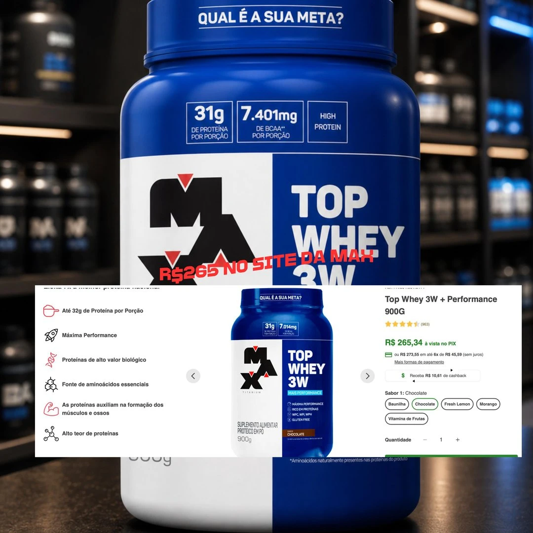 Top Whey 3W (900g) - Sabor Mais Performance - Chocolate, Max Titanium