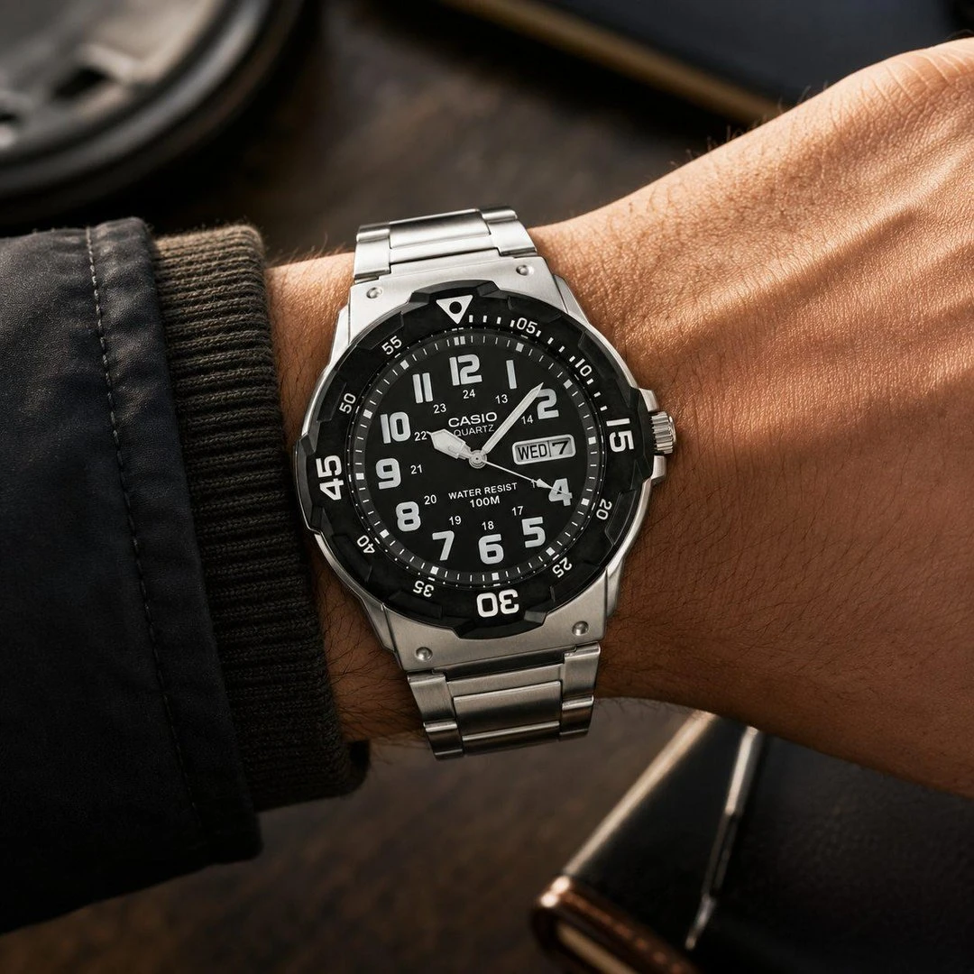 Casio Relógio masculino de quartzo estilo mergulhador com pulseira de aço inoxidável, prata, 23,8 (modelo