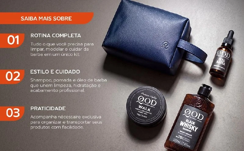 QOD Barber Shop - Kit Triple Pack - Pomada Capilar Walk 70g + Shampoo Whisky 220ml + Óleo Hidratante para Barba 25ml